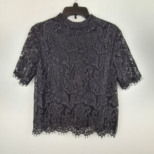 M&S Collection Black Lace Blouse High Neck Tie Back Lined UK 10 Short Sleeve Top